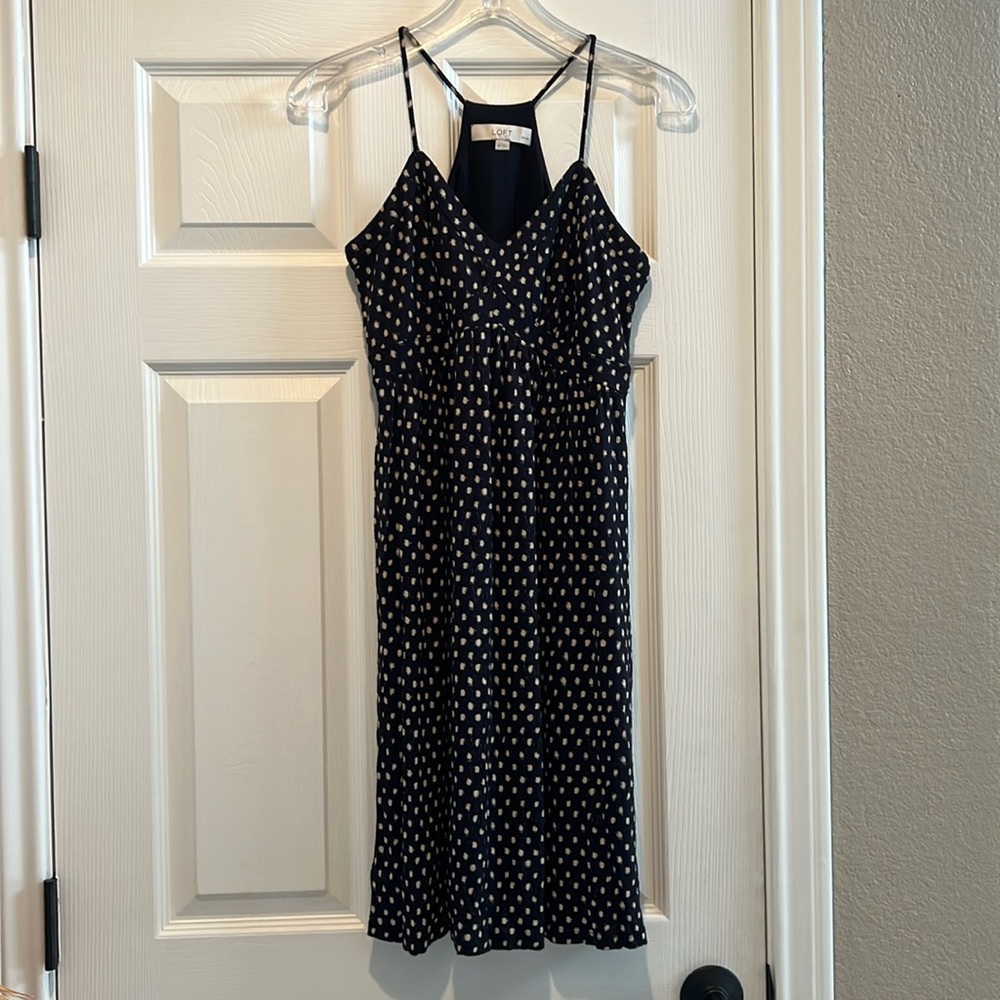 LOFT Navy/Cream Dot Dress, Size Small Petite